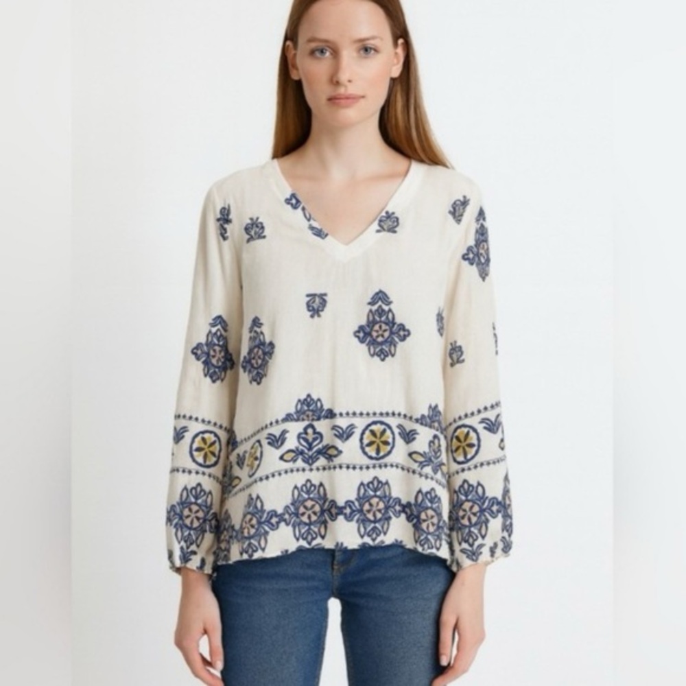 Francesca Bettini linen cream blue boho blouse top S - Picture 11 of 11